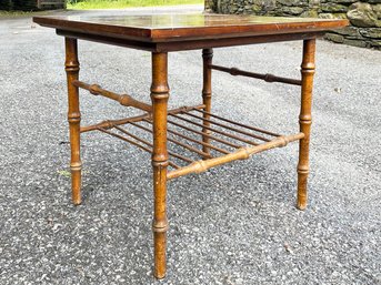 A Vintage Rattan Side Table With Burl Veneer Top