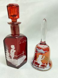 Mary Gregory Glass Lot- Ruby Red Decanter, With Original Stopper, Dinner Bell