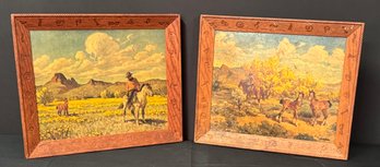 Two Western Art  Prints By Artist, Ray Strang ' Slow Poke' & ' Double Trouble' In Engraved Western Wood Frame