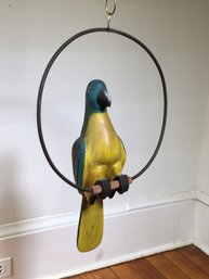 Very Nice Vintage Hand Carved Wooden Parrot On Wrought Iron Ring - On 19' Hanging Chain - Nice Piece !