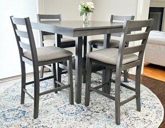 A Modern Oak High Top Dining Table And Set Of 4 Counter Height Stools IN Grey Linen Upholstery
