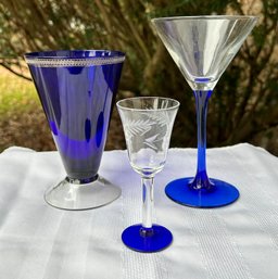 3 Cobalt Blue & Clear Stemmed Bar Glasses: 4', 5', And  6' France Luminarc Martini Glass