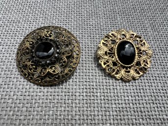 Duo Of Vintage Gilt Metal & Black Stone Brooches