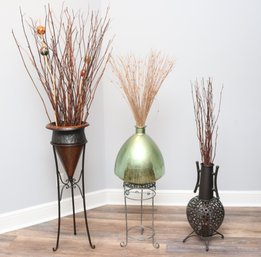 Trio Of Decorative Home Accent Metal And Glass Teardrop Vases  And Planters With Black Metal Floor Stands