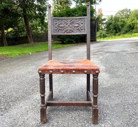 An Antique Caved Oak And Leather Gothic Revival Side Chair