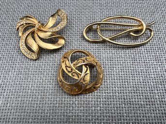 Trio Of Vintage Gold Tone Brooches, Including One Signed BSK