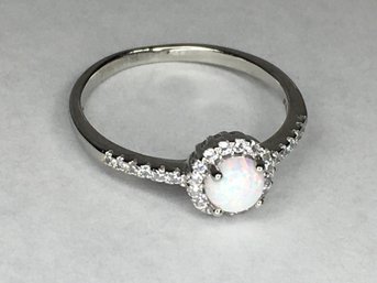 Lovely Brand New Sterling Silver / 925 Ring With Opal Encircled With And Flanked By Channel Set White Zircons