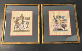 Authentic Pair Of Egyptian Papyrus Paper Framed Paintings In Bamboo Style Frames