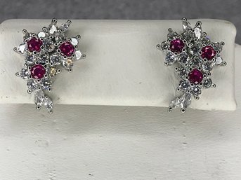 Fabulous 925 / Sterling Silver Earrings With Garnet And Sparkling White Zircons - Very Expensive Look !
