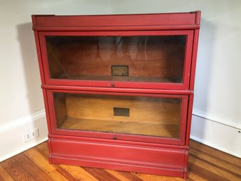 Nice Antique Painted Barrister Bookcase - Vintage Coral Color Paint - Two Sections / Two Brands - Nice Piece