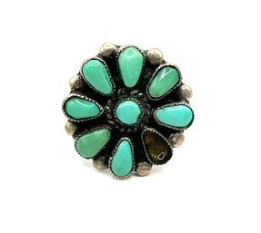 Vintage Sterling Silver Southwestern Turquoise Color Stone Flower Ring, Size 8