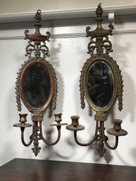 Lovely Pair Antique French Style Bronze / Brass Candle Wall Sconces - Flame Urns - Mirrored Back - Very Nice