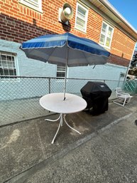 Vintage Iron Round Patio Table With Original Umbrella