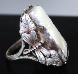 RARE Arts And Crafts Sterling Silver Hand Crafted Ring Dragonfly Large Baroque Pearl Size 6.5