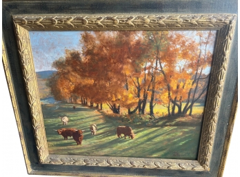 Vintage Herbert Abrams Acrylic Painting - Steers In Pasture