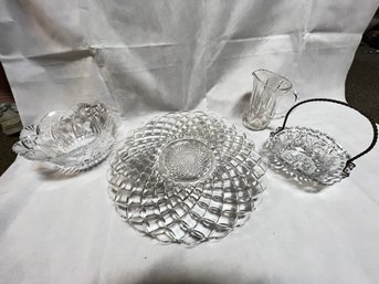 Pressed Glass Lot, Basket, Bowl, Pitcher,