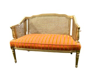 Mid Century Vintage Walnut Wood And Cane Settee With Pumpkin & Gold Velvet Cushion