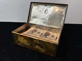 Antique Tin Box Full Of Souvenir Photos And Cards From Tourist Attractions