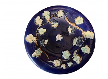 Large Antique Majolica Plate Cobalt Blue With Grapes