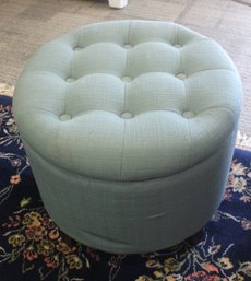 Tufted Green Round Storage Ottoman On Wood Legs