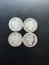 4 Barber Silver Dimes 1911, 1913, 1914, 1916