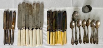 Silver Plated Spoons And Bone Handled Knives