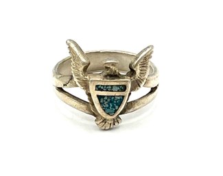 Vintage Sterling Silver Southwestern Turquoise Color Inlay Stone Eagle Ring, Size 5.75