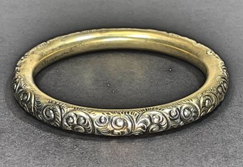 Antique Victorian Gilt Sterling Silver Engraved Bangle Bracelet Having Scrollwork