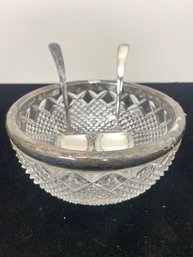 2 Section Crystal Serving Bowl With Silver Plated Ring And 2 Serving Spoons
