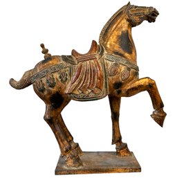 A Large Vintage Chinese Parcel-Gilt And Carved Wood Horse In The Tang Style