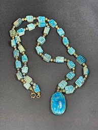 Vintage Egyptian Revival Faience Scarab Beaded Necklace Having Pendant 24' Long