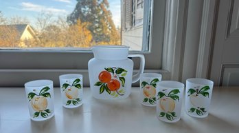 Vintage Hazel Atlas Frosted Glass Orange Juice Pitcher With Five Glasses