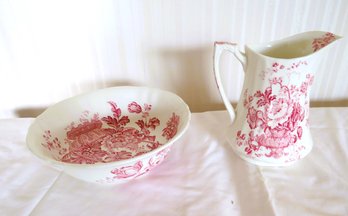 Red Floral Porcelain 'Charlotte' Pitcher & Bowl By Alfred Meakin