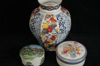Lot Of 3 Porcelain Pieces Including A TIFFANY & CO. Lidded Dish, A MIKASA  Lidded Dish & A JAPANESE Vase