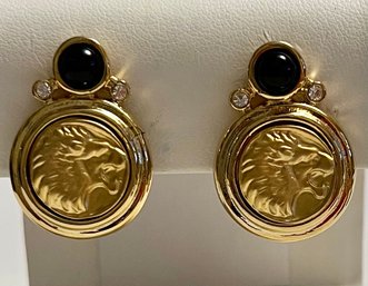 VINTAGE GOLD TONE LION CLIP ON EARRINGS