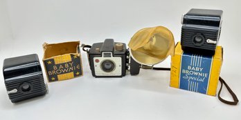 3 Vintage Kodak Brownie Cameras: Holiday Flash & 2 Baby Brownies In Original Boxes