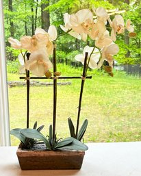 Faux Orchid On Wood Planter