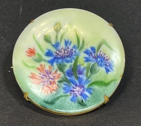 Victorian Hand Painted Porcelain Round Brooch With Flowers