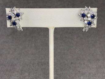 Gorgeous Brand New Sterling Silver / 925 Earrings With Navy Blue Topaz And Sparkling White Zircons - WOW !