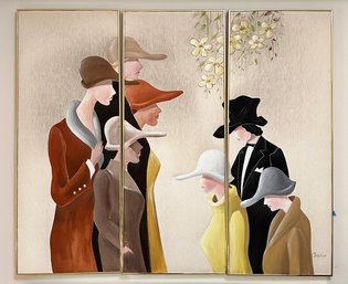 A Large, Elegant Vintage Acrylic On Canvas Triptych, Continental School, Signed Claudine