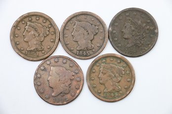 Lot Of 5 Large Cent Coins