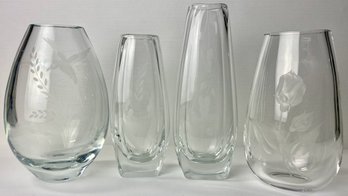 Signed Swedish Crystal Etched Vases (4)