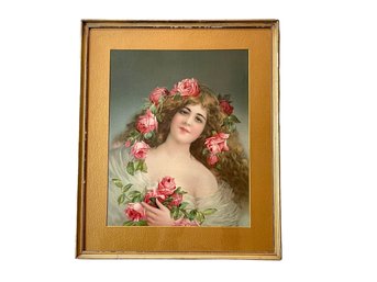 Victorian Chromolithograph Of Young Woman With Roses- Vibrant Colors