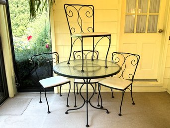 A Great Little Outdoor Dining Set In Scrolled Metal With A Textured Glass Table Top