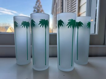 Group Of (4) Frosted Tall Palm Tree Glasses