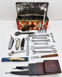Vintage Tin Box With Vintage Tools: Pocket Knives, Razors, Wrenches, Sockets & More