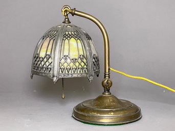 An Art Nouveau Brass And Slag Glass Accent Lamp