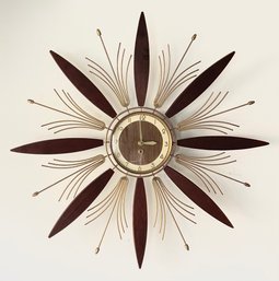 Mid Century Wood And Brass Starburst Wall Clock