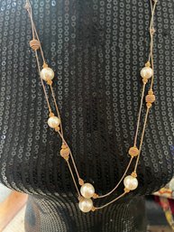 Long Double Strand Coiled Gold And Pearl Beaded Necklace