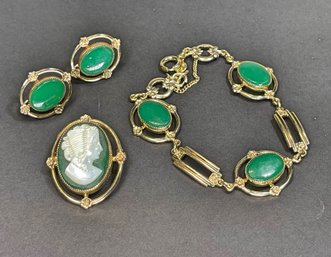 Fine Vintage Green Onyx Mother Of Pearl Cameo Brooch, Bracelet And Earrings Suite